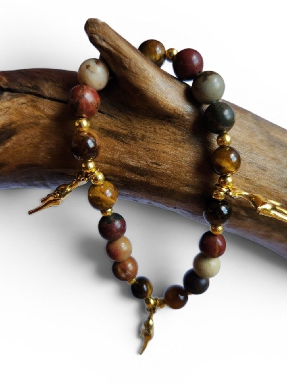 Agate & Tiger Eye Stone Beaded Bracelet With Gold Accent Deer Charms